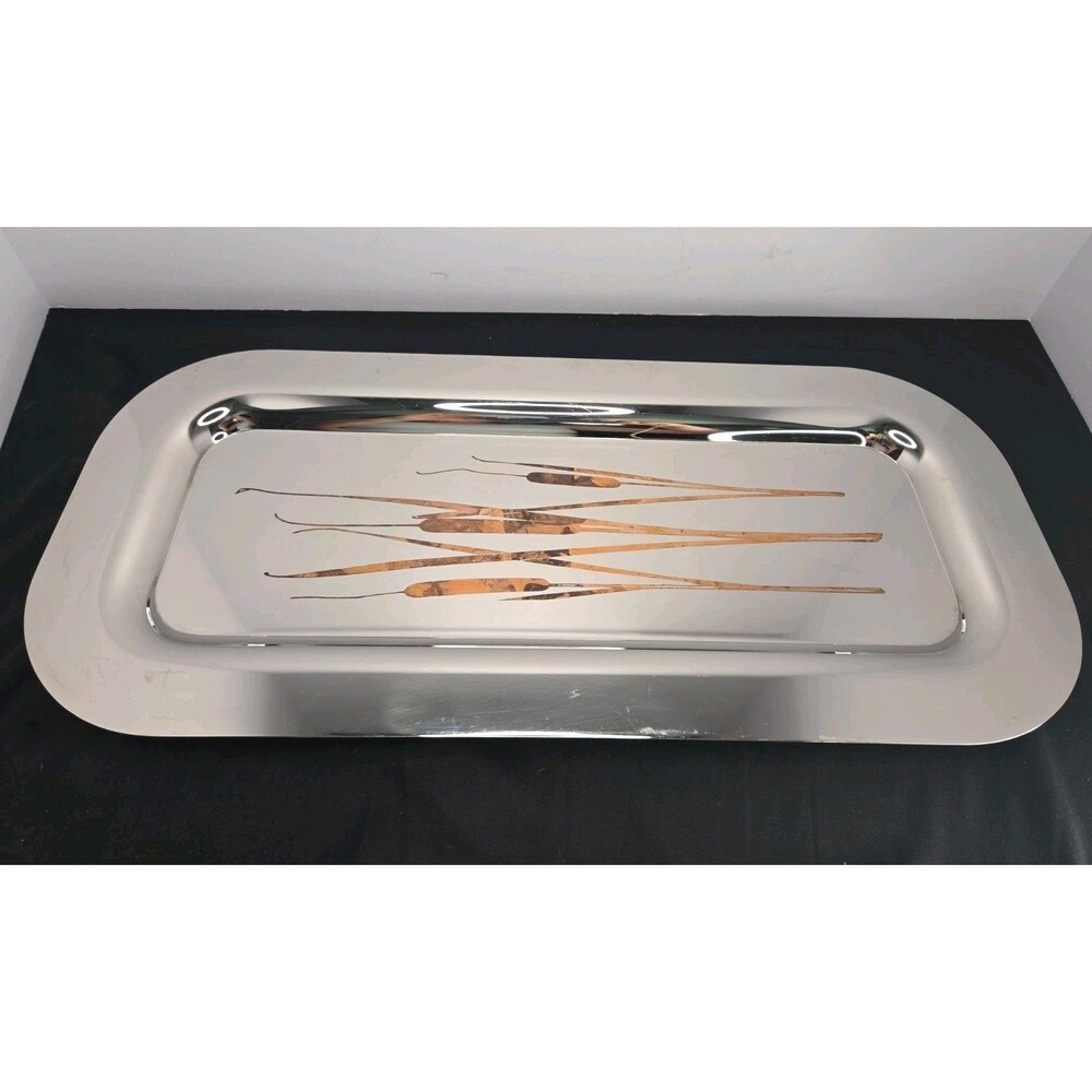 Vintage MCM Sambonet GTS Grafitti Stainless Steel Tray Copper Inlay Detail Italy